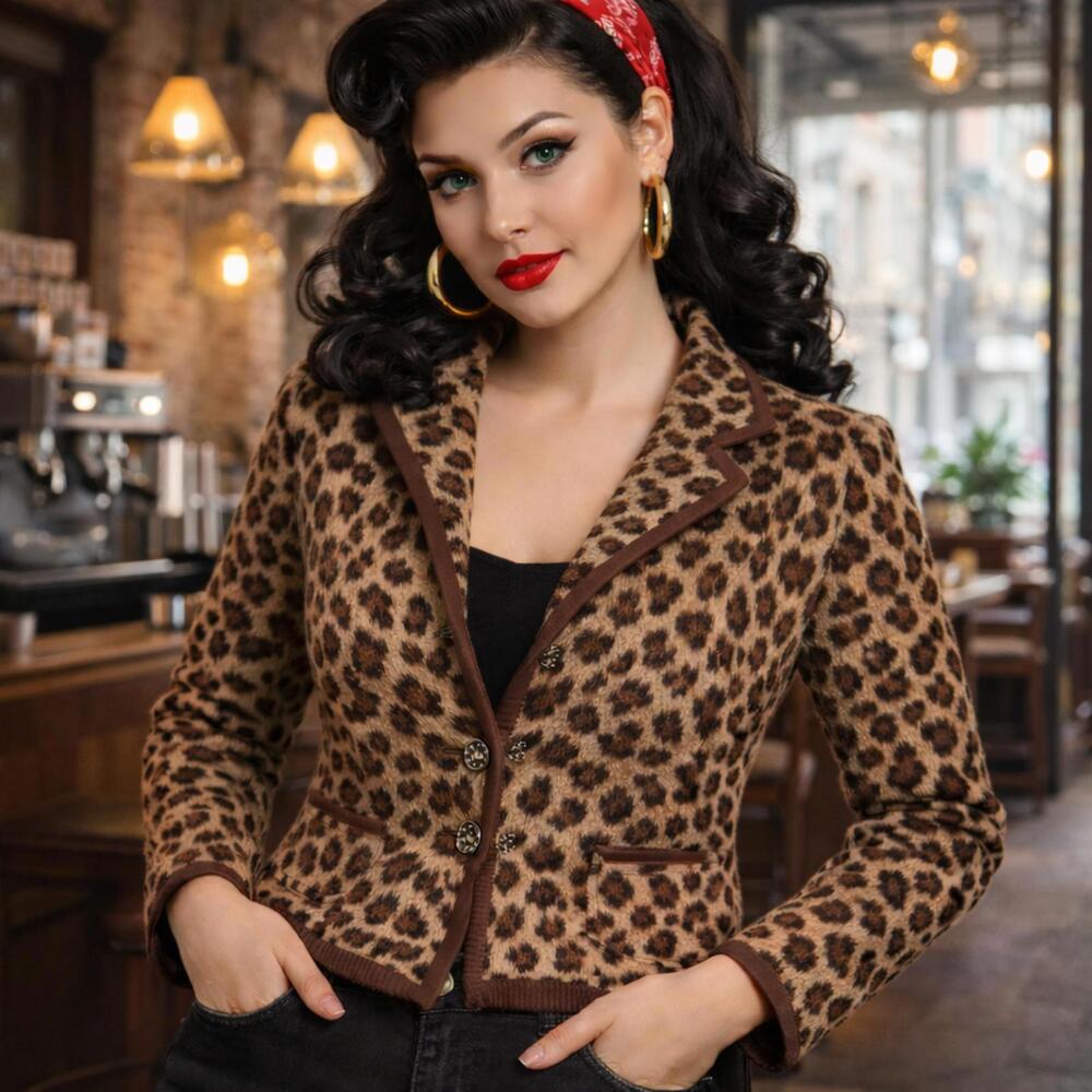 Vtg Talbots Sweater Jacket Wms S Merino Wool Leopard Rockabilly Mob Wife